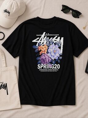 STUSSEY Black S Sleeve Cotton Tshirt. SPRING 20 INTERNATIONAL DESIGN GROUP. sz L